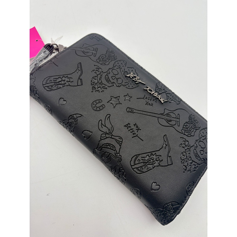 Betsey Johnson Black Embossed Western‎ Skull Guitar Zip Around Wallet NWT